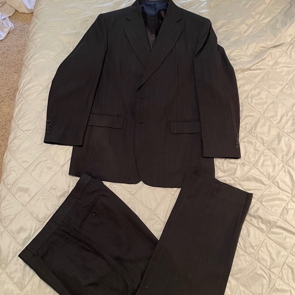 Wool TOWNCRAFT Suit Blazer Pants Black Pinstripe Formal 44L 34x30